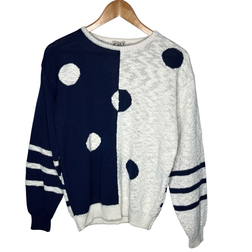 Vintage Koret Navy Ivory Contrast Yin Yang Polka Dot Crewneck Sweater Fisherman